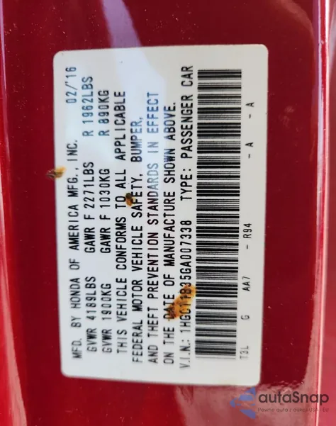 2016 Honda Accord Lx-S z USA, uszkodzony, nr VIN 1HGCT1B35GA007338